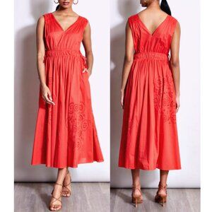 Ellie Tahari The Christabel Embroidered Waist-Tie Cotton Midi Dress sz M $525